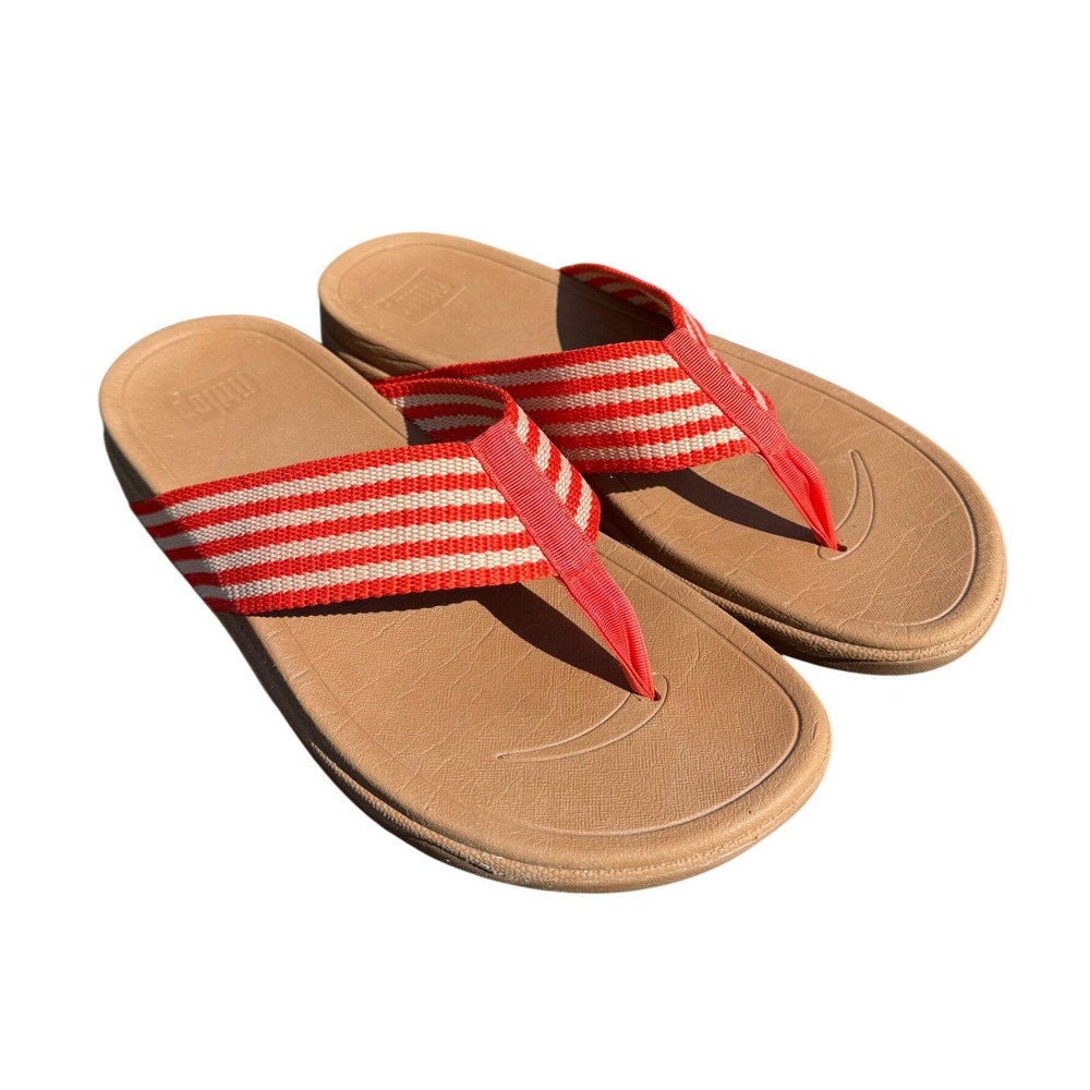 FitFlop Surfa Striped Thong Sandals Women Size 10 Orange Tan Beach Comfort EUC